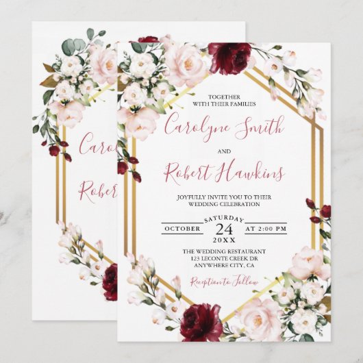 Gold Geometric Greenery Burgundy Wedding Kaart (Voorkant / Achterkant)
