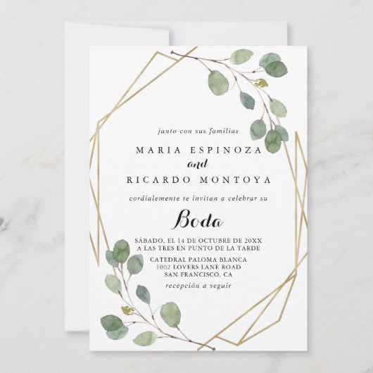 Gold Geometric Greenery Eucalyptus Spain Wedding Kaart (Voorkant)