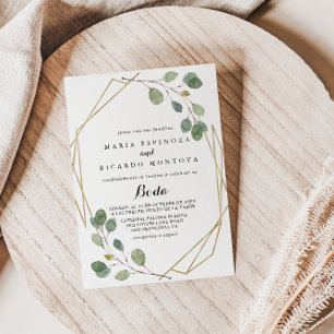 Gold Geometric Greenery Eucalyptus Spain Wedding Kaart