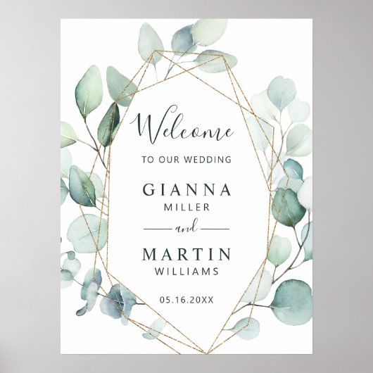 Gold Geometric Greenery Foliage Weddenschap Welkom Poster (Voorkant)