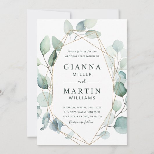 Gold Geometric Greenery Foliage Wedding Kaart (Voorkant)