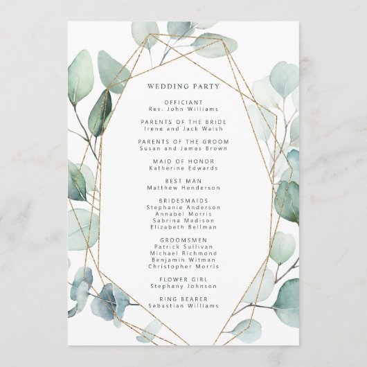 Gold Geometric Greenery Foliage Wedding Programmakaart (Achterkant)