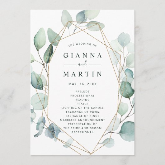 Gold Geometric Greenery Foliage Wedding Programmakaart (Voorkant)