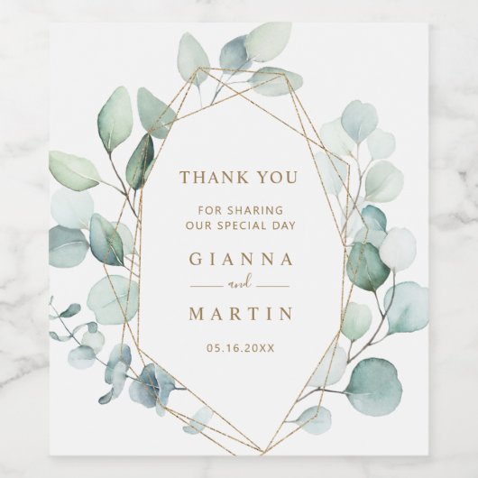 Gold Geometric Greenery Foliage Wedding Wijn Etiket (Enkel label)