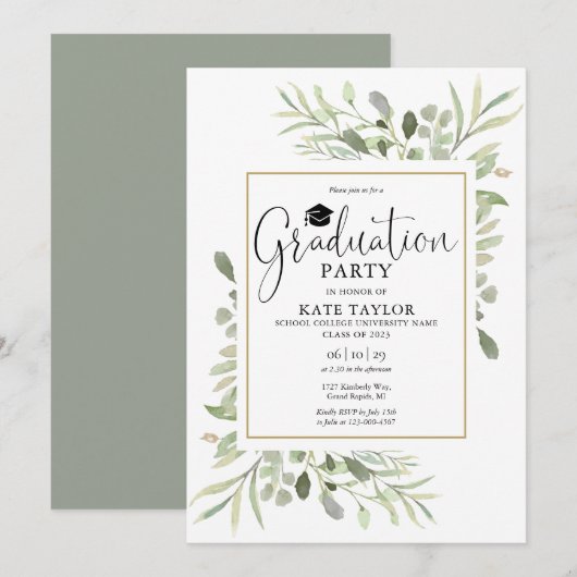 Gold Geometric Greenery Graduation Party Kaart (Voorkant / Achterkant)