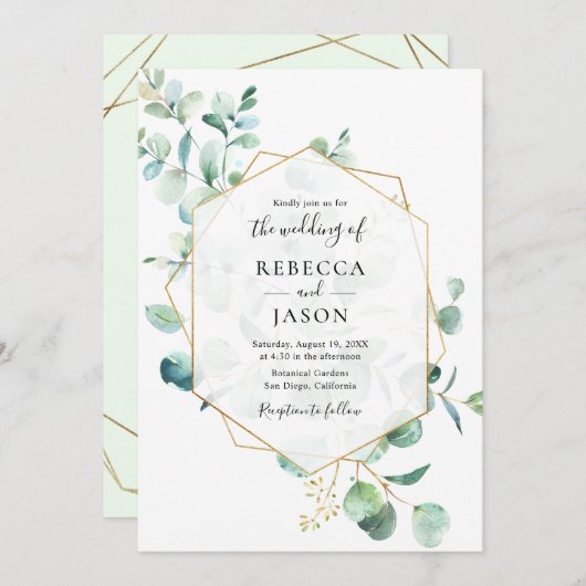 Gold Geometric Greenery leveert Wedding Kaart (Voorkant / Achterkant)