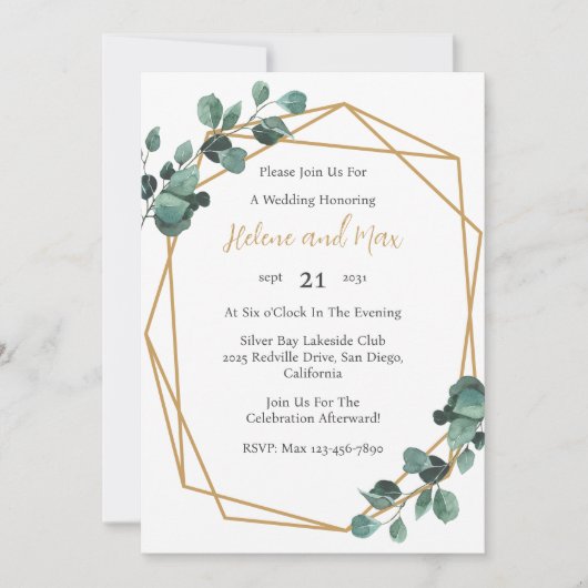 Gold Geometric Greenery Wedding Invitation Kaart (Voorkant)