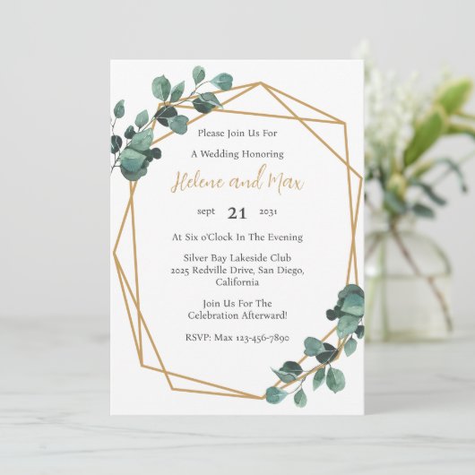 Gold Geometric Greenery Wedding Invitation Kaart (Staand voorkant)