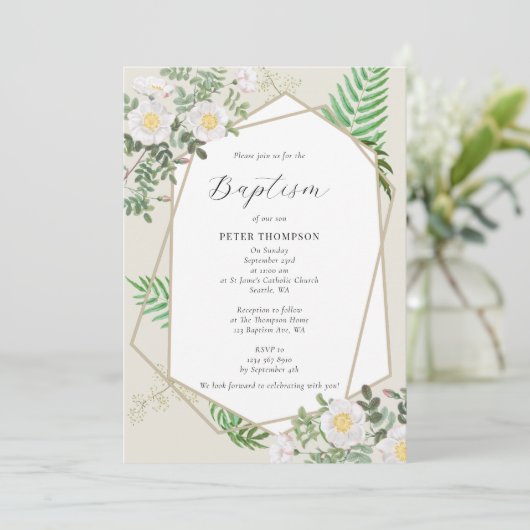 Gold Geometric Greenery White Roses Baptisme Kaart (Staand voorkant)