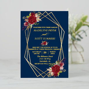 Gold Geometric Lijst Burgundy Waterverf Flower Folie Uitnodiging