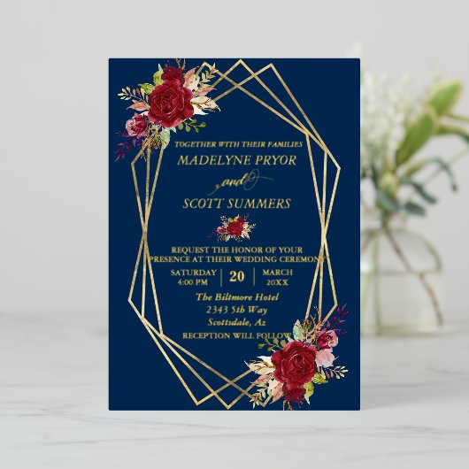 Gold Geometric Lijst Burgundy Waterverf Flower Folie Uitnodiging (Staand Voorkant)