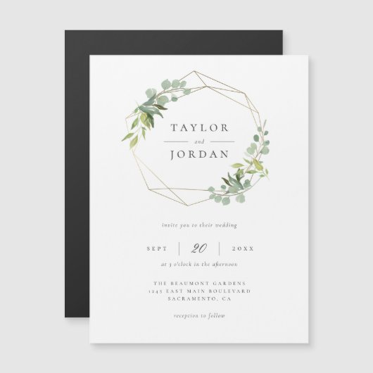Gold Geometric Lijst Eucalyptus Greenery Wedding Magnetische Uitnodiging (Voorkant / Achterkant)