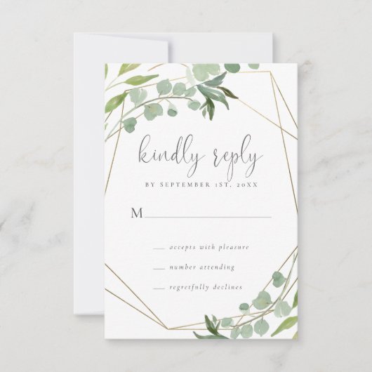 Gold Geometric Lijst Eucalyptus Greenery Wedding RSVP Kaartje (Voorkant)