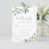 Gold Geometric Lijst Eucalyptus Greenery Wedding RSVP Kaartje (Staand voorkant)
