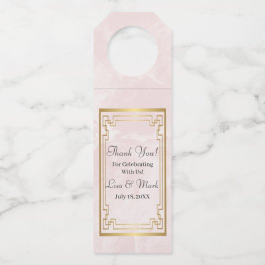 Gold Geometric Lijst Pink Marble Wedding Flessenhanger (Voorkant)
