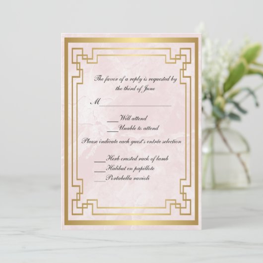 Gold Geometric Lijst Pink Marble Wedding Response Kaart (Staand voorkant)