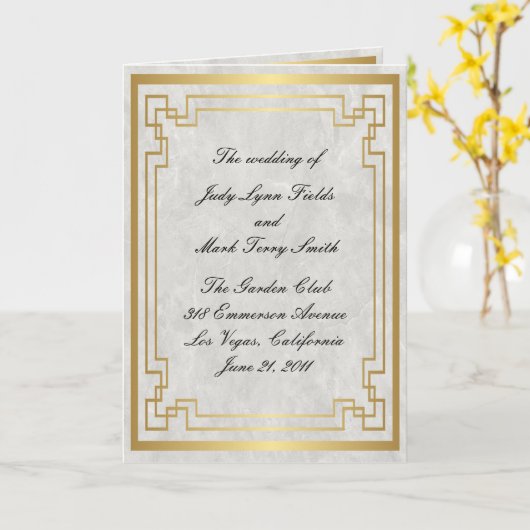 Gold Geometric Lijst White Marble Wedding Program Kaart (Gele Bloem)