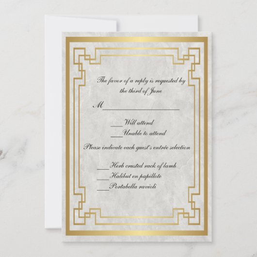 Gold Geometric Lijst White marble Wedding RSVP Kaart (Voorkant)