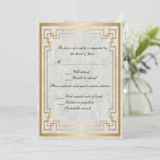 Gold Geometric Lijst White marble Wedding RSVP Kaart (Staand voorkant)