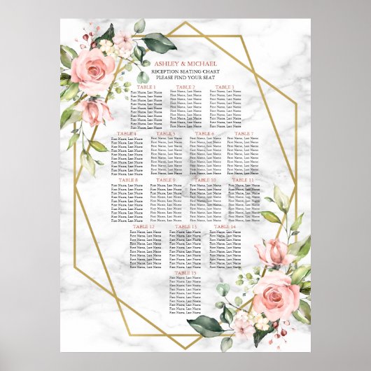 Gold Geometric Marble Pink Floral Seating Poster (Voorkant)