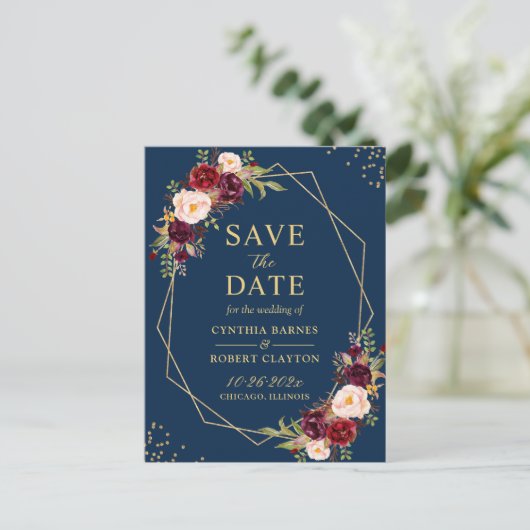 Gold Geometric Navy Burgundy Floral redt de datum Briefkaart (Staand voorkant)