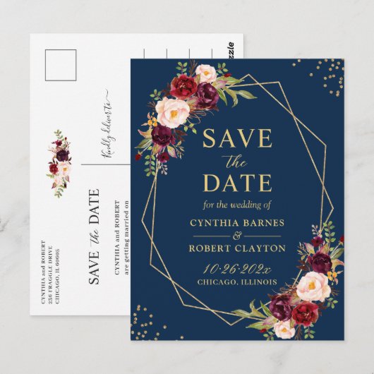 Gold Geometric Navy Burgundy Floral redt de datum Briefkaart (Voorkant / Achterkant)