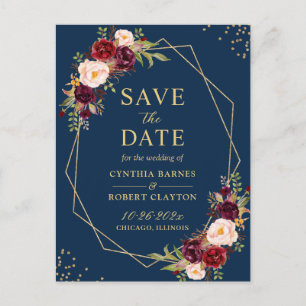 Gold Geometric Navy Burgundy Floral redt de datum Briefkaart