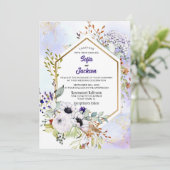 Gold Geometric Paarse Floral Wedding Kaart (Staand voorkant)