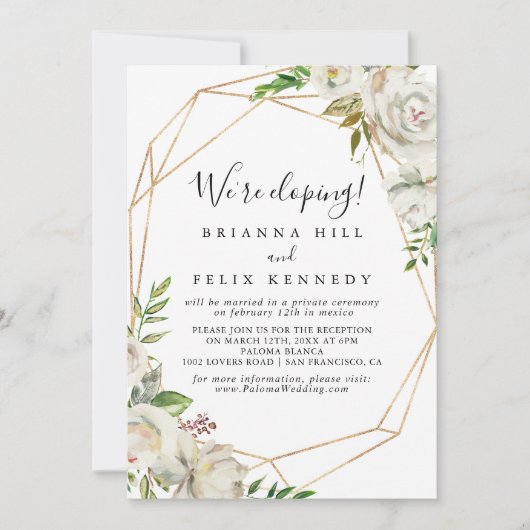 Gold Geometric Peony Floral Elopement Reception Kaart (Voorkant)