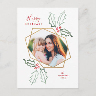 Gold Geometric Photo Waterverf Holly Kerstmis Briefkaart