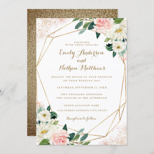 Gold Geometric Pink Floral Wedding Invitation Kaart