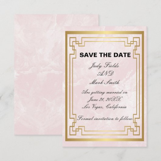 Gold Geometric Pink Marble Wedding Save the Date Bedankkaart (Voorkant / Achterkant)