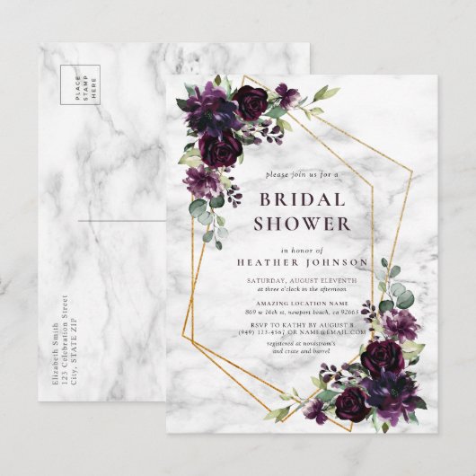 Gold Geometric Plum Paars Floral Vrijgezellenfeest Aankondigingskaart (Voorkant / Achterkant)