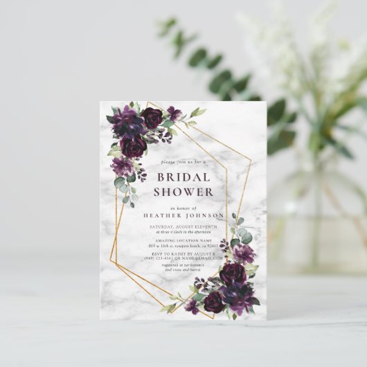 Gold Geometric Plum Paars Floral Vrijgezellenfeest Aankondigingskaart (Staand voorkant)