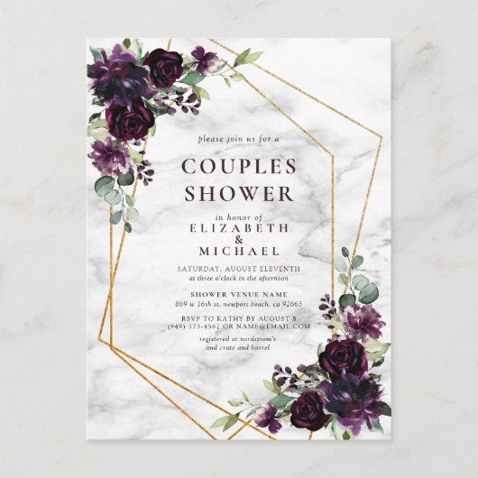 Gold Geometric Plum Paarse marble Couples Shower Aankondigingskaart (Voorkant)
