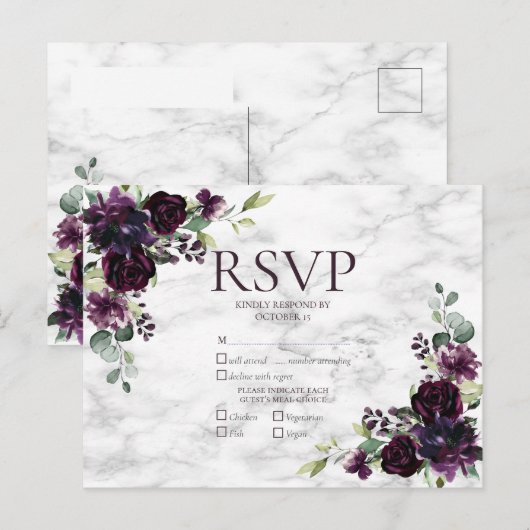 Gold Geometric Plum Paarse Marble Wedding RSVP Uitnodiging Briefkaart (Voorkant / Achterkant)