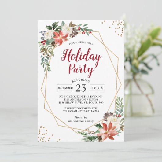 Gold Geometric Poinsettia Floral Holiday Party Kaart (Staand voorkant)