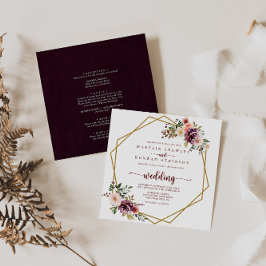 Gold Geometric Rustic Floral Front & Back Wedding Kaart