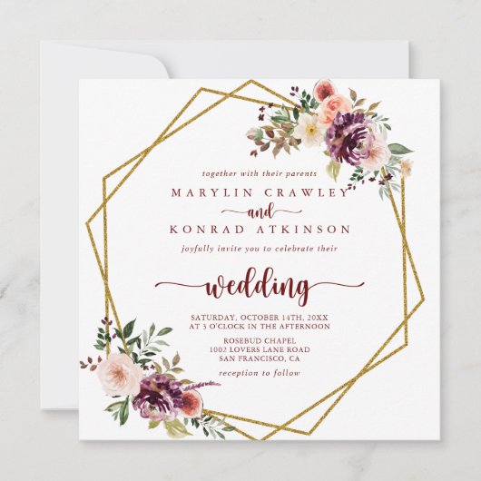 Gold Geometric Rustic Floral Front & Back Wedding Kaart (Voorkant)