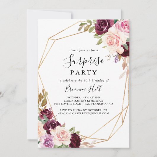 Gold Geometric Rustic Floral Surprise Party Kaart (Voorkant)