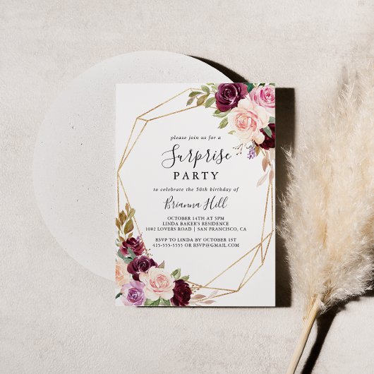Gold Geometric Rustic Floral Surprise Party Kaart