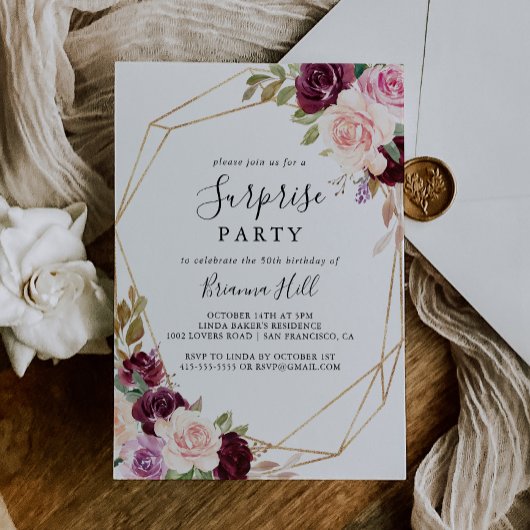 Gold Geometric Rustic Floral Surprise Party Kaart