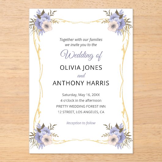 Gold Geometric Rustic Purple Floral Wedding  Acryl Uitnodigingen (Voorkant)