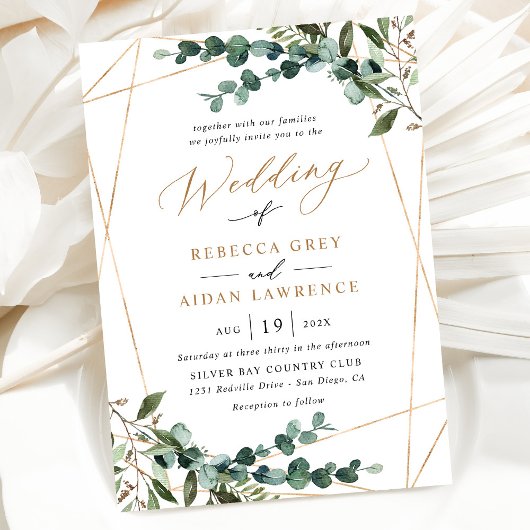 Gold Geometric Rustic Waterverf Greenery Wedding Kaart