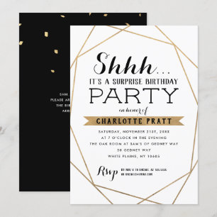 Gold Geometric Shh Surprise Birthday Party Kaart