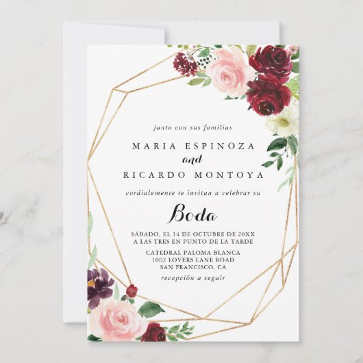 Gold Geometric Spring Floral Spain Wedding Kaart (Voorkant)
