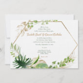 Gold Geometric Tropical Green Palm Leaves Weduwen Kaart (Voorkant)