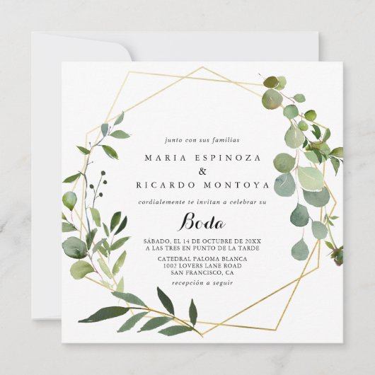 Gold Geometric Tropical Green Spanish Wedding Kaart (Voorkant)