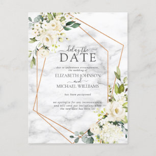 Gold Geometric White Floral Marble Delay The Date Aankondigingskaart