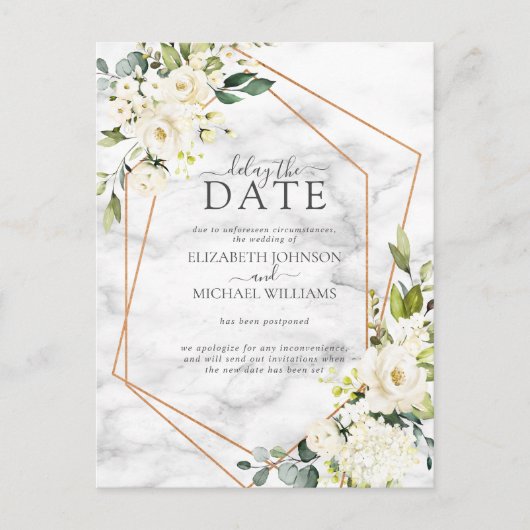 Gold Geometric White Floral Marble Delay The Date Aankondigingskaart (Voorkant)